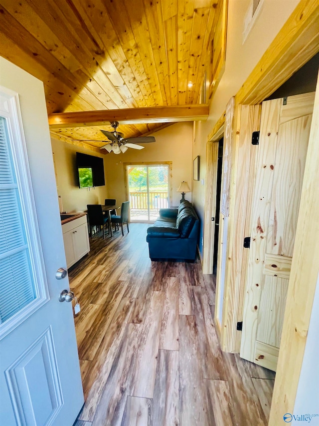 interior space featuring ceiling fan, lofted ceiling with beams, wood-type flooring, and wooden ceiling