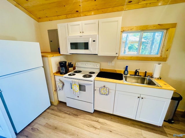 kitchen featuring light hardwood / wood-style flooring, wooden ceiling, sink, white cabinets, and white appliances