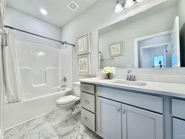 full bath with visible vents, shower / bath combo with shower curtain, toilet, marble finish floor, and vanity