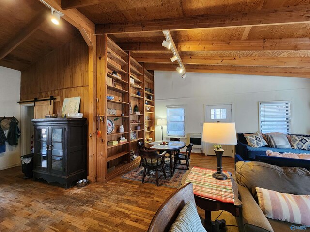 living room with hardwood / wood-style floors, lofted ceiling with beams, wood ceiling, and rail lighting