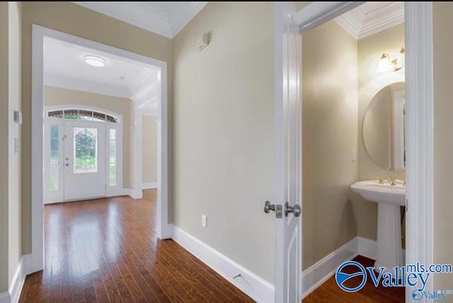 foyer with crown molding, dark hardwood / wood-style flooring, and sink