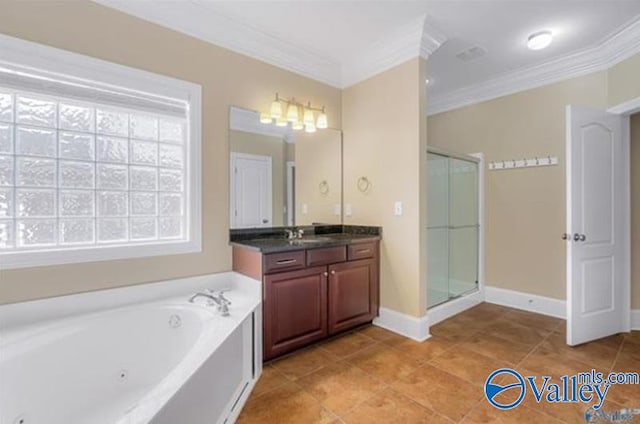 bathroom featuring vanity, crown molding, and plus walk in shower