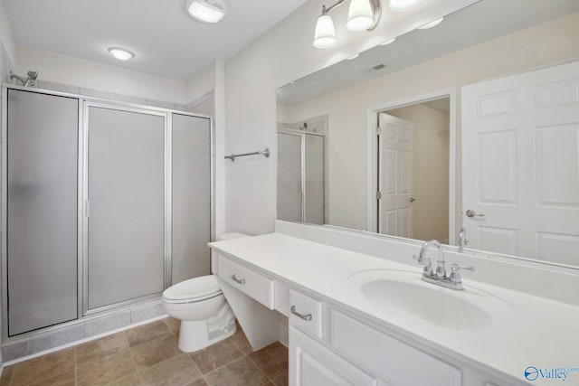 full bathroom with toilet, visible vents, vanity, a shower stall, and tile patterned floors