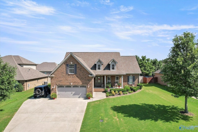 view of front of property with a porch, an attached garage, brick siding, concrete driveway, and a front lawn