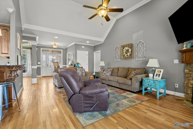 22915 Pin Oak Dr, Athens, AL 35613 - living room featuring crown molding, light wood finished floors, ceiling fan, high vaulted ceiling, and baseboards