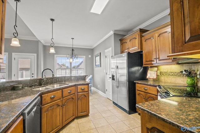 22915 Pin Oak Dr, Athens, AL 35613 - kitchen with brown cabinets, stainless steel appliances, a sink, and light tile patterned flooring
