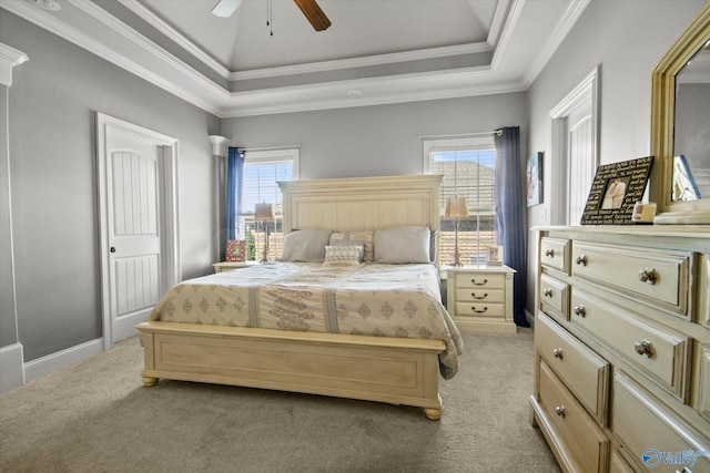 22915 Pin Oak Dr, Athens, AL 35613 - bedroom with ornamental molding, carpet, a raised ceiling, and a ceiling fan