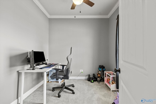 22915 Pin Oak Dr, Athens, AL 35613 - carpeted office featuring baseboards, ornamental molding, and a ceiling fan