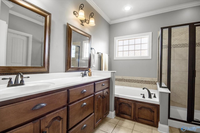 22915 Pin Oak Dr, Athens, AL 35613 - bathroom featuring a bath, a stall shower, crown molding, and a sink