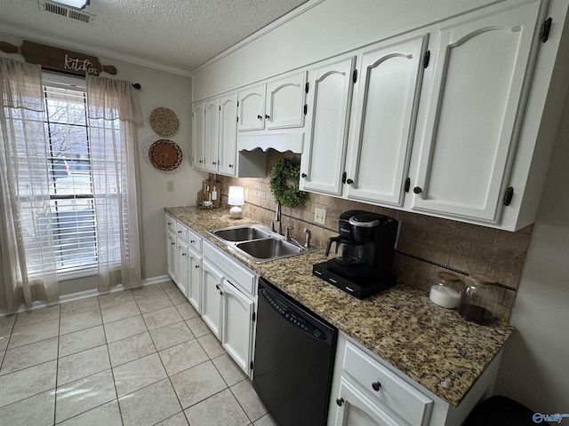 kitchen with dishwasher, sink, backsplash, white cabinetry, and light tile patterned floors