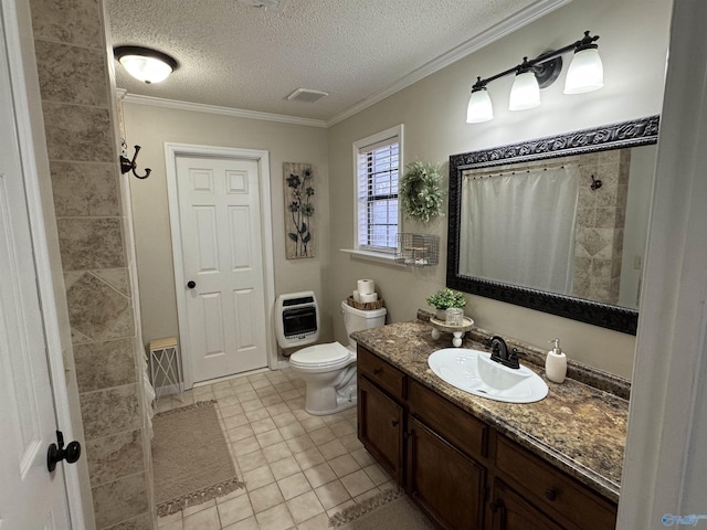 bathroom with crown molding, toilet, a textured ceiling, and vanity