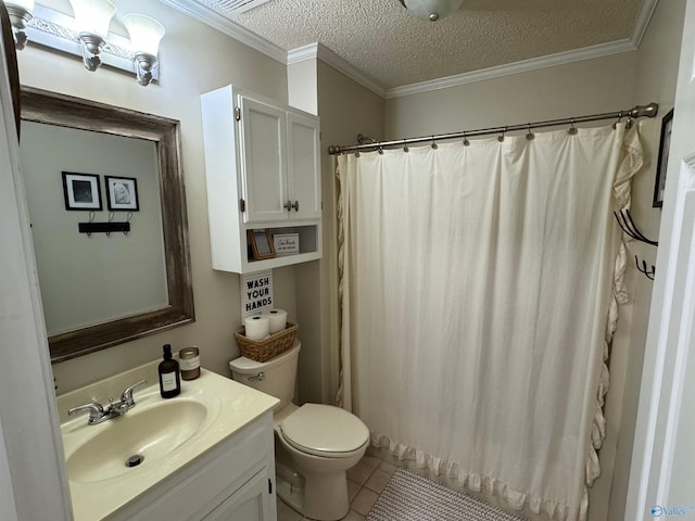 bathroom featuring a textured ceiling, tile patterned flooring, vanity, toilet, and ornamental molding