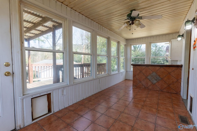 unfurnished sunroom featuring visible vents, wood ceiling, and a ceiling fan