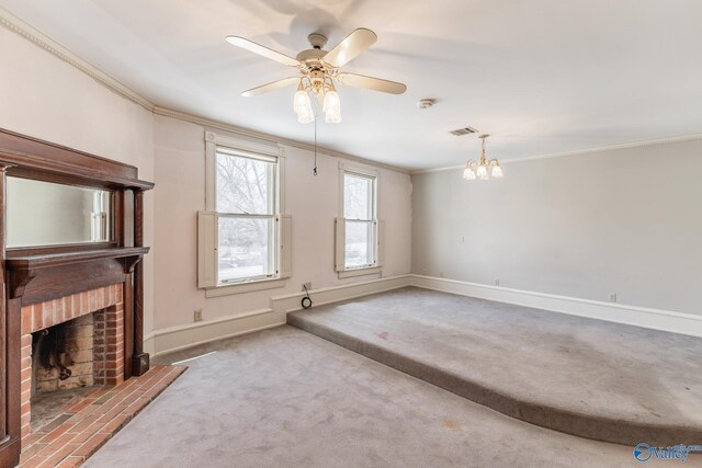 unfurnished living room featuring baseboards, visible vents, carpet floors, ornamental molding, and a brick fireplace