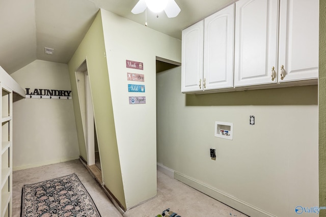 clothes washing area featuring hookup for a washing machine, cabinets, and ceiling fan