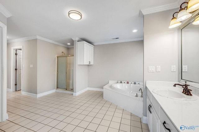 bathroom with crown molding, tile patterned floors, vanity, and shower with separate bathtub