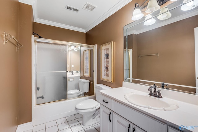 full bathroom featuring bath / shower combo with glass door, vanity, ornamental molding, tile patterned floors, and toilet