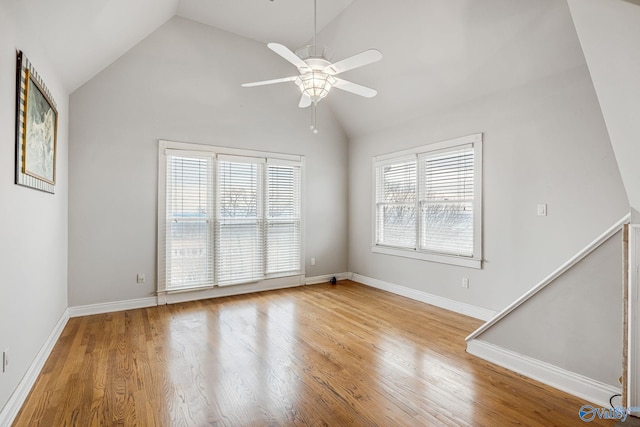 empty room featuring lofted ceiling, hardwood / wood-style flooring, and ceiling fan