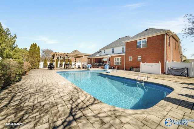 view of swimming pool featuring a fenced in pool, a patio, fence, and a pergola