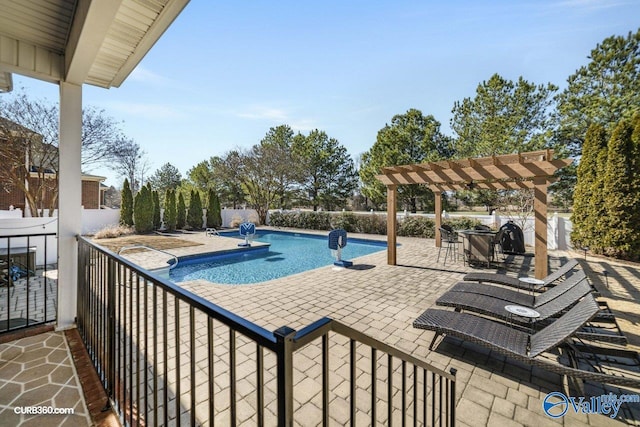 view of pool featuring a patio, a fenced backyard, a fenced in pool, and a pergola