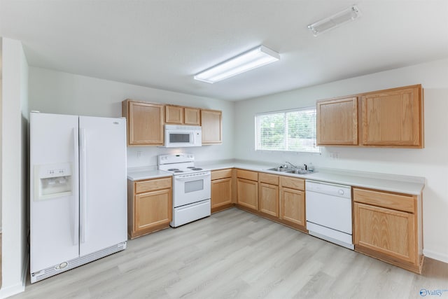 kitchen with white appliances, light hardwood / wood-style floors, and sink