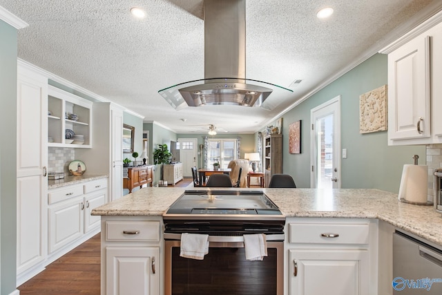 kitchen with island range hood, appliances with stainless steel finishes, dark wood finished floors, and crown molding