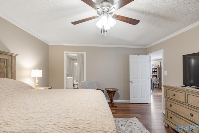 bedroom with baseboards, connected bathroom, dark wood-style floors, ornamental molding, and a textured ceiling