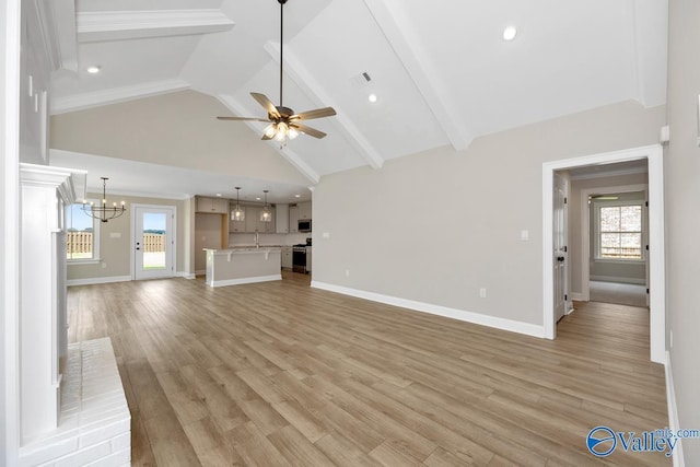 unfurnished living room featuring ceiling fan with notable chandelier, light hardwood / wood-style flooring, high vaulted ceiling, and beamed ceiling