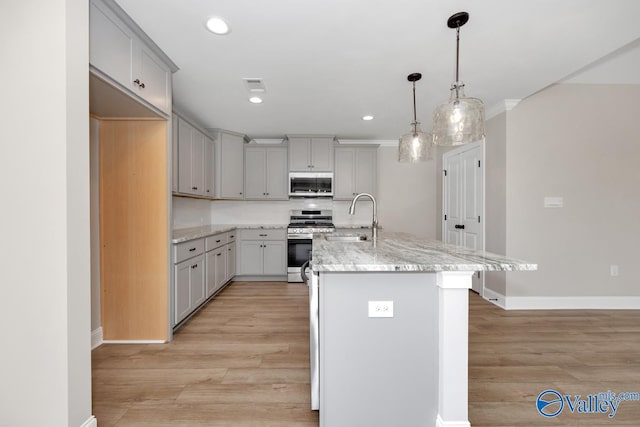 kitchen with sink, light hardwood / wood-style flooring, appliances with stainless steel finishes, gray cabinetry, and an island with sink