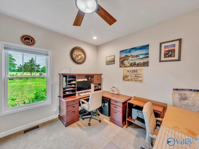 591 Nix Rd, Hazel Green, AL 35750 - office area with a ceiling fan, light carpet, baseboards, and recessed lighting