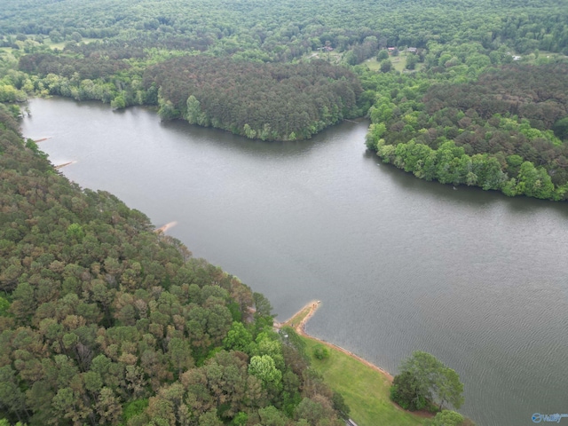 birds eye view of property with a water view and a view of trees