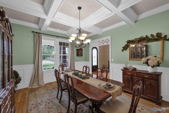 201 Atwater Dr, Madison, AL 35756 - dining area featuring coffered ceiling, wood finished floors, beamed ceiling, a wainscoted wall, and a chandelier