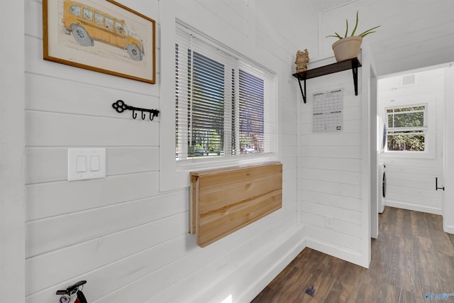 bathroom with wooden walls, plenty of natural light, and wood-type flooring