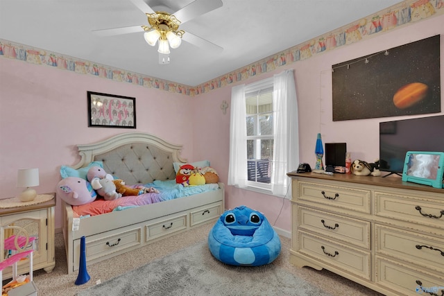 carpeted bedroom with ceiling fan