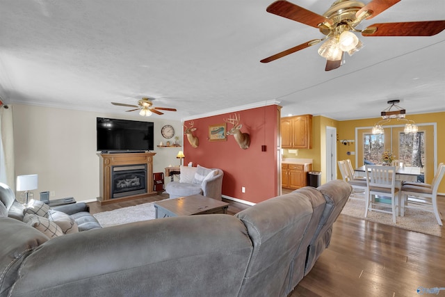 living room featuring dark wood-type flooring, a ceiling fan, a glass covered fireplace, crown molding, and baseboards