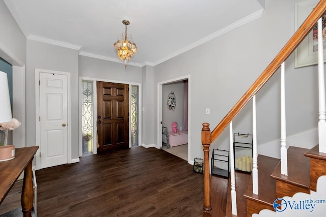 9046 Sugar Tree Trl, Huntsville, AL 35802 - entrance foyer featuring wood finished floors, stairway, crown molding, and a chandelier