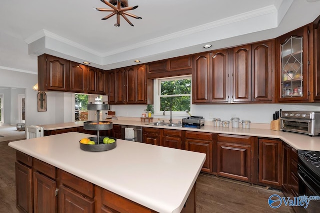 9046 Sugar Tree Trl, Huntsville, AL 35802 - kitchen with dark wood finished floors, stainless steel dishwasher, light countertops, ornamental molding, and black stove