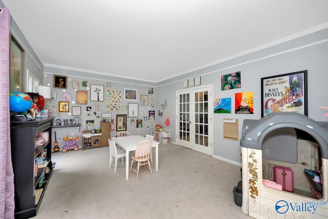 9046 Sugar Tree Trl, Huntsville, AL 35802 - game room with french doors, ornamental molding, and carpet flooring
