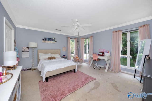 9046 Sugar Tree Trl, Huntsville, AL 35802 - bedroom with light colored carpet, ornamental molding, and ceiling fan