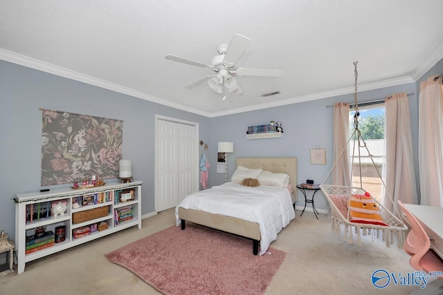 9046 Sugar Tree Trl, Huntsville, AL 35802 - bedroom featuring ornamental molding, carpet flooring, a closet, and ceiling fan