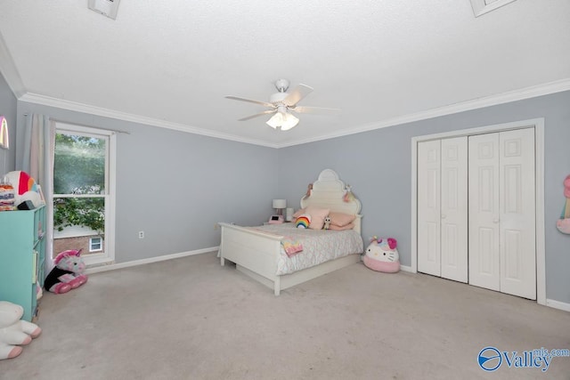 9046 Sugar Tree Trl, Huntsville, AL 35802 - carpeted bedroom with crown molding, a ceiling fan, and a closet