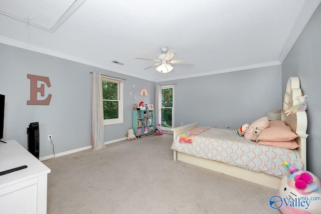 9046 Sugar Tree Trl, Huntsville, AL 35802 - carpeted bedroom with attic access, ornamental molding, and a ceiling fan