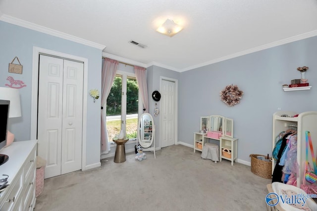 9046 Sugar Tree Trl, Huntsville, AL 35802 - playroom with ornamental molding and light carpet
