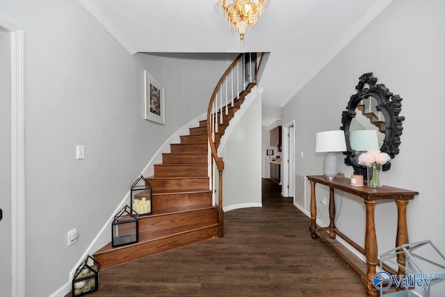 9046 Sugar Tree Trl, Huntsville, AL 35802 - entryway featuring crown molding, stairs, wood finished floors, and a chandelier