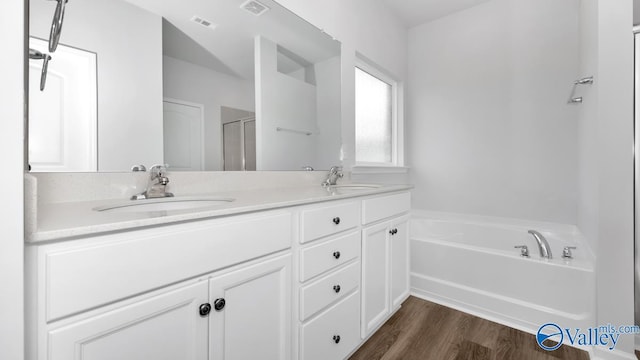 bathroom featuring vanity, separate shower and tub, and wood-type flooring