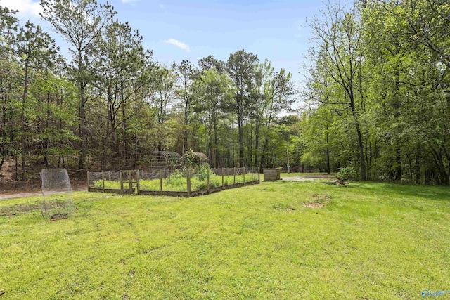 view of yard with a view of trees and a vegetable garden