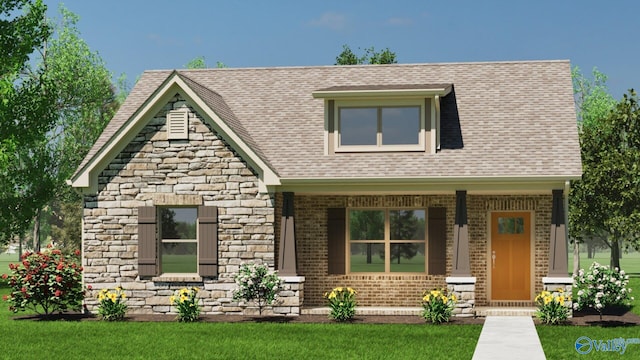 view of front of house featuring stone siding, a porch, roof with shingles, and brick siding