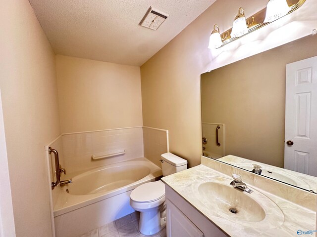 full bathroom with visible vents, toilet, tile patterned flooring, a textured ceiling, and a bath