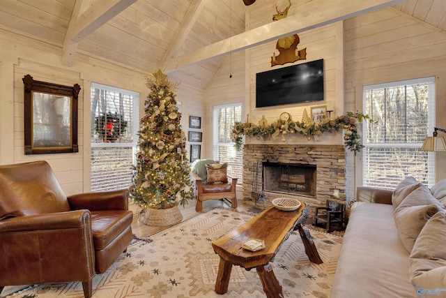 living room with beam ceiling, wood walls, a fireplace, and wood ceiling