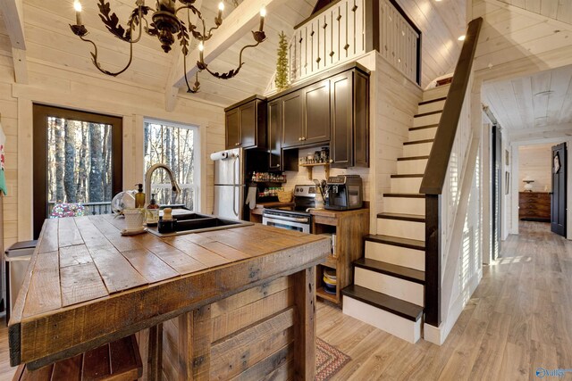 kitchen featuring wood walls, light hardwood / wood-style flooring, stainless steel appliances, and wooden ceiling